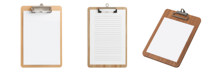 Clipboard set of three, wood finish, includes blank and lined paper, ideal for office or school, new transparent background