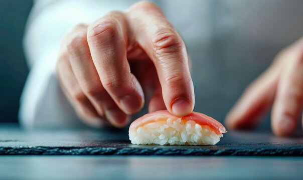 A chef carefully prepares a piece of maguro nigiri sushi, highlighting the culinary artistry and precision of Japanese cuisine.