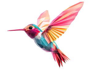 Obraz premium Colorful polygonal hummingbird in flight design for art project on a transparent background, cut out