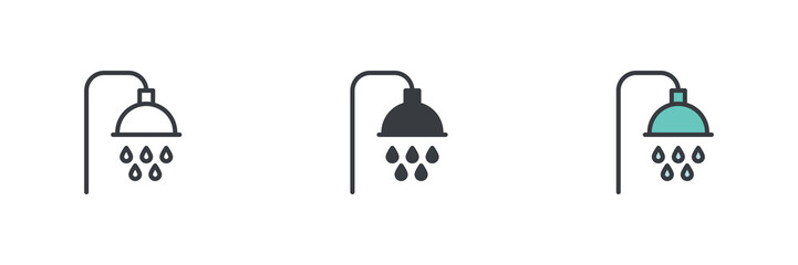 Shower head with water droplets different style icon set