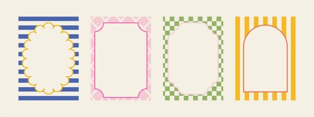 Set of spring whimsical hand-drawn pink blue orange green color frames with wavy stripes and line in trendy, vintage styles. Perfect for quirky holiday, wedding, birthday gift decorations.