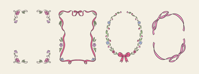 Set of spring whimsical hand-drawn pink blue orange green color frames with flowers and bows in trendy, vintage styles. Perfect for quirky holiday, wedding, birthday gift decorations.