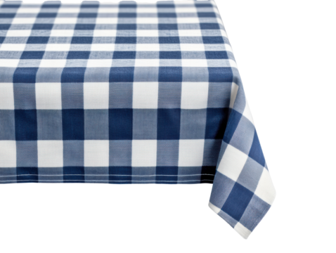 Blue and white checked tablecloth for home dining decor on a transparent background, cut out