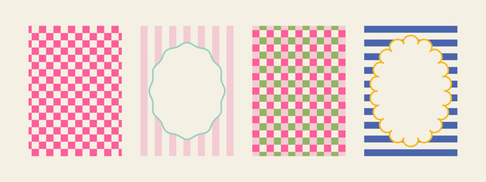 Set of spring whimsical hand-drawn pink blue orange green color frames with wavy stripes and line in trendy, vintage styles. Perfect for quirky holiday, wedding, birthday gift decorations.