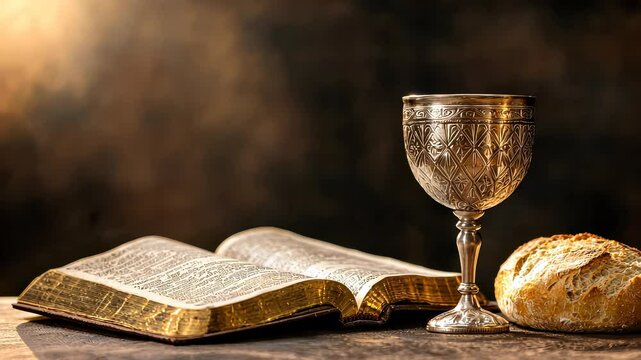 Communion table chalice under wine, bread, bible, candle, and flowers, symbolizing Eucharist spiritual worship with soft, warm lighting video 4k