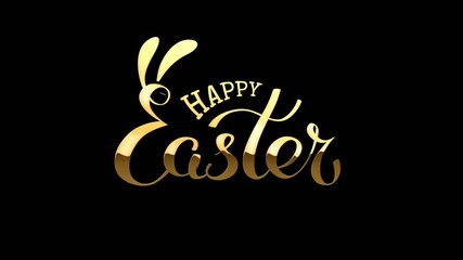 Happy easter animated golden bunny lettering on transparent background. Handwritten luxury logo of cute rabbit. Easter bunny ears. Hand drawn animated funny bunny. Greeting card. Seamless loop