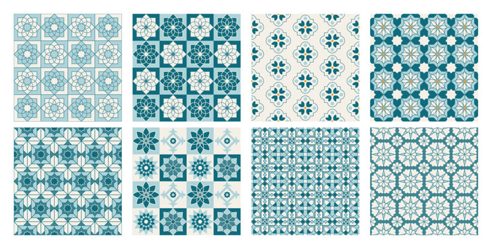 Collection of Arabic geometric mosaic printable seamless pattern with abstract Moroccan print in blue and gold colors. Ramadan Kareem Traditional Islamic art Illustration background