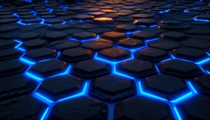 Obraz premium Glossy Black Hexagon Grid with Glowing Blue Edges on a Dark Background, Abstract Technology Design