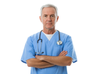 Experienced healthcare professional wearing scrubs with a stethoscope on a transparent background, cut out