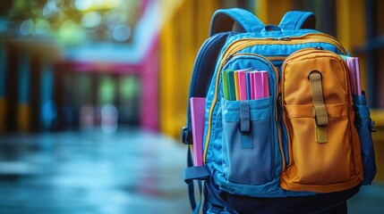 A dynamic scene of a backpack slung over a shoulder, filled with an assortment of colorful books and supplies. The background features a blur of vibrant schoolyard colors, as if the journey 