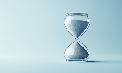 Elegant hourglass with flowing sand, illustrating the concept of time passing on a blue backdrop.