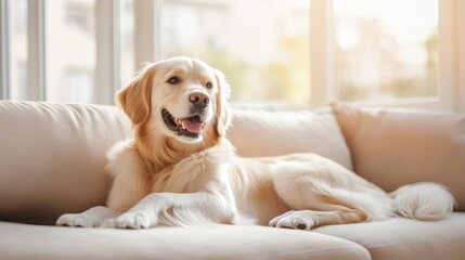 Happy golden retriever relaxing on cozy sofa in bright living room