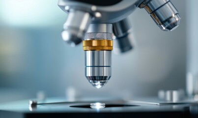 Close-up of a modern microscope used in a lab for conducting scientific research and experiments.