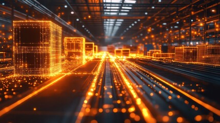 A smart warehouse glowing with IoT sensors tracking recyclable and reusable materials in real time