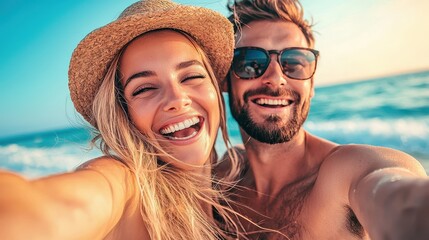 Fototapeta premium Happy Couple Enjoying a Beach Vacation in the Summer Sun