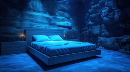 A surreal underwater bedroom featuring a wooden bed and bedside table, illuminated by a calming blue light, surrounded by rocky textures and aquatic plants.