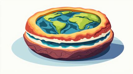 colorful illustration of cake resembling Earth, featuring continents and oceans, evokes sense of creativity and fun