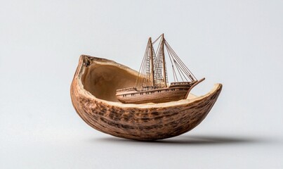 Fototapeta premium A miniature wooden ship sails the walnut shell sea, a testament to fine craftsmanship and intricate detail.