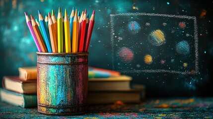 A kaleidoscope of vibrant pencils nestled within a vintage cup, surrounded by a collection of open books and a chalkboard adorned with whimsical space-themed chalk drawings, evoking the excitement 