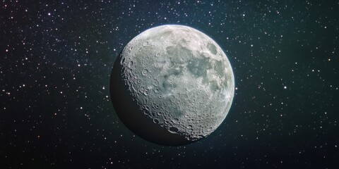 A stunning view of the moon shining bright in the night sky. Stars twinkle around it. This image captures the beauty of our celestial neighbor. Perfect for space lovers and educational purposes. AI