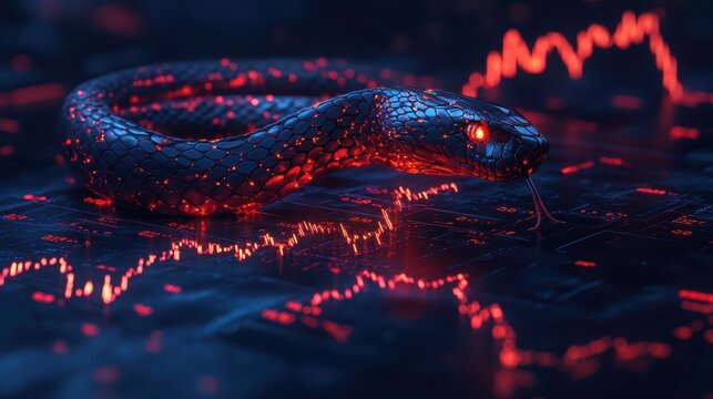 A trading algorithm visualized as a glowing snake navigating through a jungle of stock data