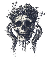 A skull wearing a crown made of roses with skeletal hands gently holding it from below
