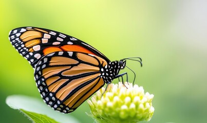 Fototapeta premium Close-up of a monarch butterfly gracefully perched on a delicate white flower in spring.