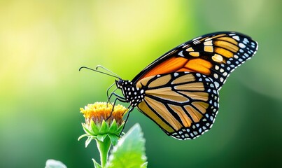 Fototapeta premium A vivid monarch butterfly delicately sips nectar from a small yellow flower in a green meadow.
