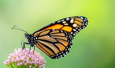 A beautiful monarch butterfly rests peacefully on a delicate pink flower, showcasing its intricate wing patterns.