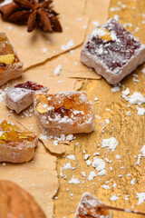 Sweet food Turkish delight on wooden background, assorted locum and candy for decorated backdrop