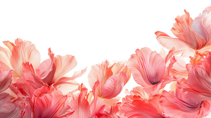 Collage of pink tulips on a transparent background. The flowers are located at the bottom of the frame and create the feeling of a lush, delicate border.