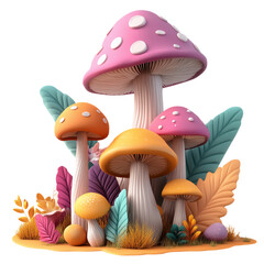 Colorful and fantastic still life of mushrooms and plants on a transparent background.