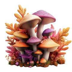 Colorful and fantastic still life of mushrooms and plants on a transparent background.