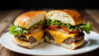 A mouthwatering cheeseburger cut in half, revealing juicy beef patties, melted cheese, fresh lettuce, and ripe tomatoes, served on a soft bun atop a white plate