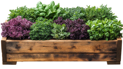 A wooden box filled with various types of greens and salads.
