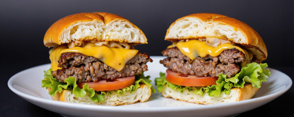 Two mouthwatering cheeseburgers, each topped with juicy beef patties, melted cheese, fresh lettuce, and ripe tomatoes