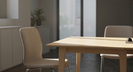 Modern dining room with wooden table and empty chairs