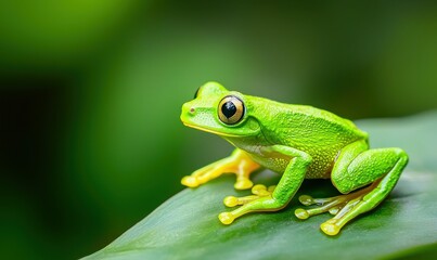 Obraz premium Alert green tree frog resting on a lush leaf, its vibrant skin contrasting beautifully against the green.
