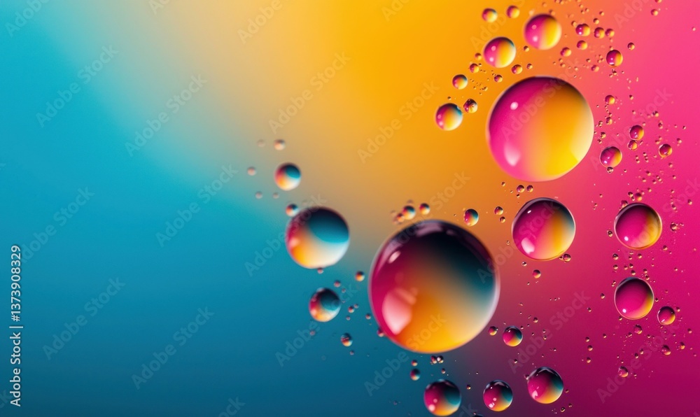 Poster close up of colorful water droplets creating an abstract gradient background with a shiny surface.