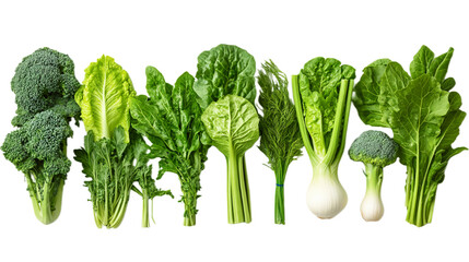 Green vegetables and herbs arranged in a row on a transparent background.