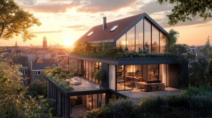 Fototapeta premium Modern house, sunset view, city backdrop, green roof, real estate