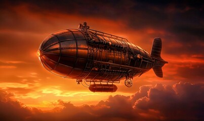 Naklejka premium A steam-punk airship soars through the sky at sunset, rendered in a digital illustration style.