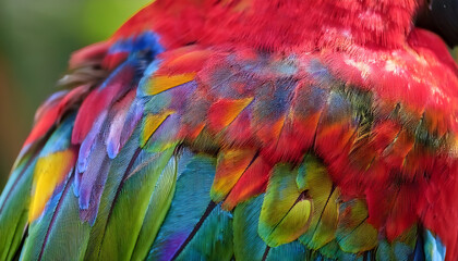 Obraz premium Vibrant feathers of a colorful bird showcase intricate patterns and textures, highlighting nature's beauty