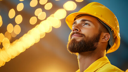 A construction worker with beard wearing a yellow hard hat against out-of-focus lights looking up