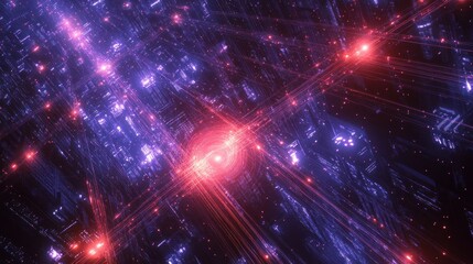 Fototapeta premium Futuristic city, network, data streams, glowing, night, abstract, background, tech, design
