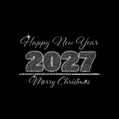 Poster design with text Happy New Year and Merry Christmas 2026 on black background with silver dust
