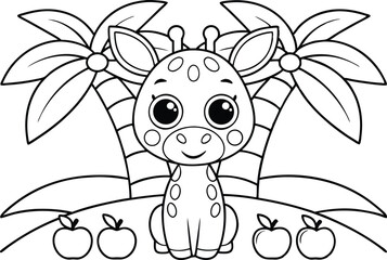 Adorable Giraffe under Palm Trees with Apples, Outline Illustration, Cute Design