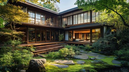 Japanese House Garden Sunny Day Tranquil Landscape Design