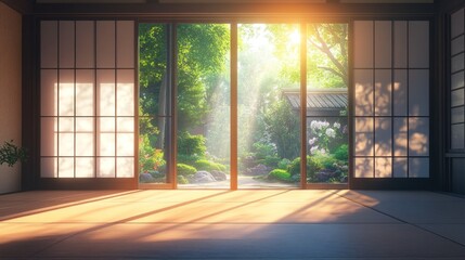 Sunrise illuminates Japanese room, garden view, serene peace, interior design