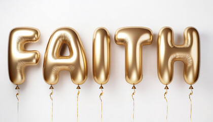 Ai Generated Gold Metallic Foil Capital Inflated Balloon Letters FAITH Quote against Transparent Background